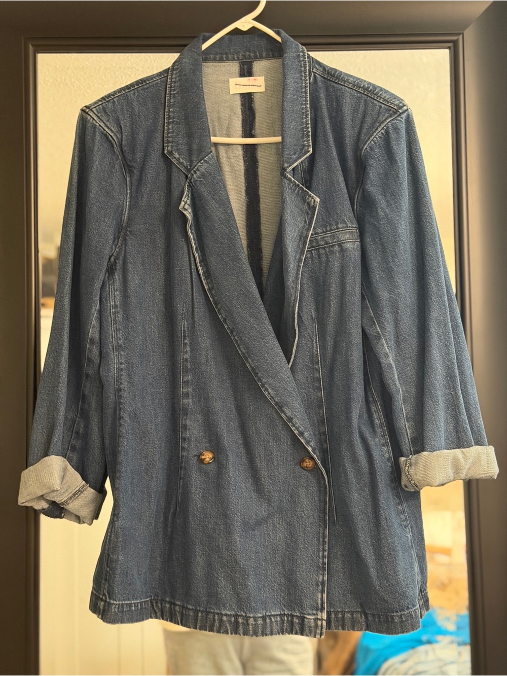 Boyish Dark Blue Double-Breasted Denim Blazer